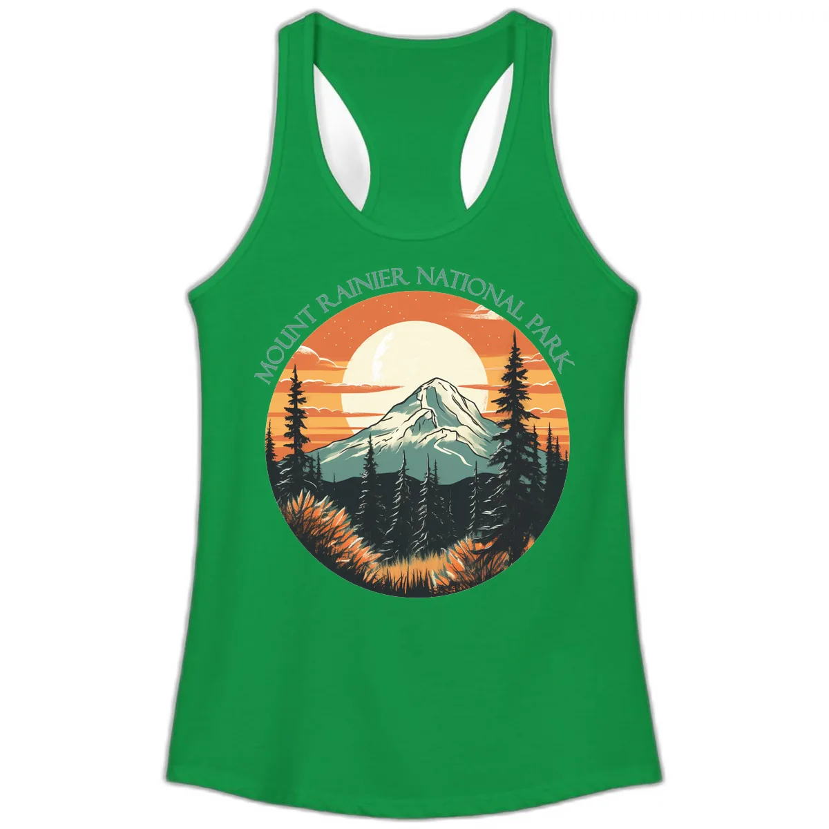 Mount Rainier National Park Sunset Ladies Tank in Solid Kelly Green