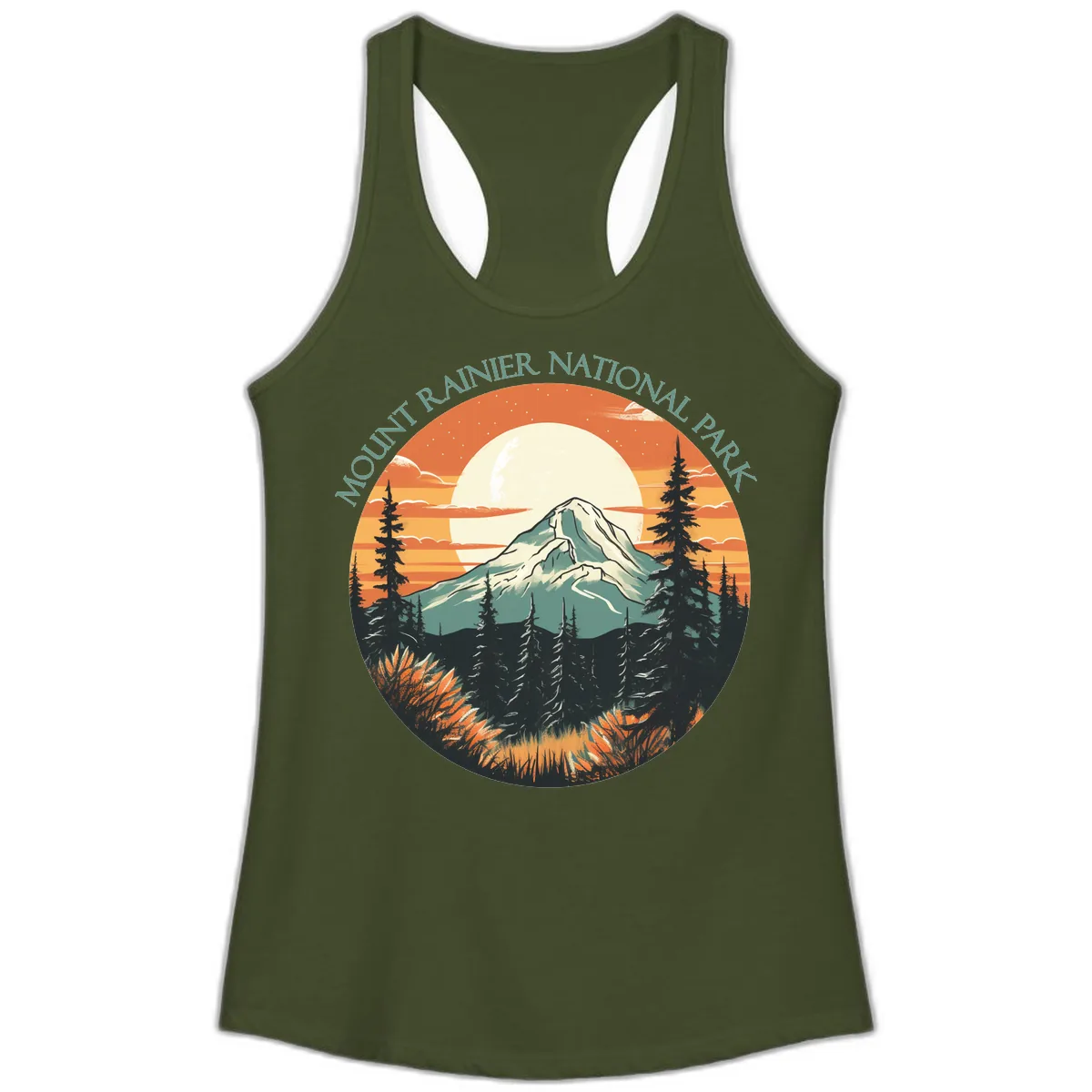 Mount Rainier National Park Sunset Ladies Tank in Solid Military Green