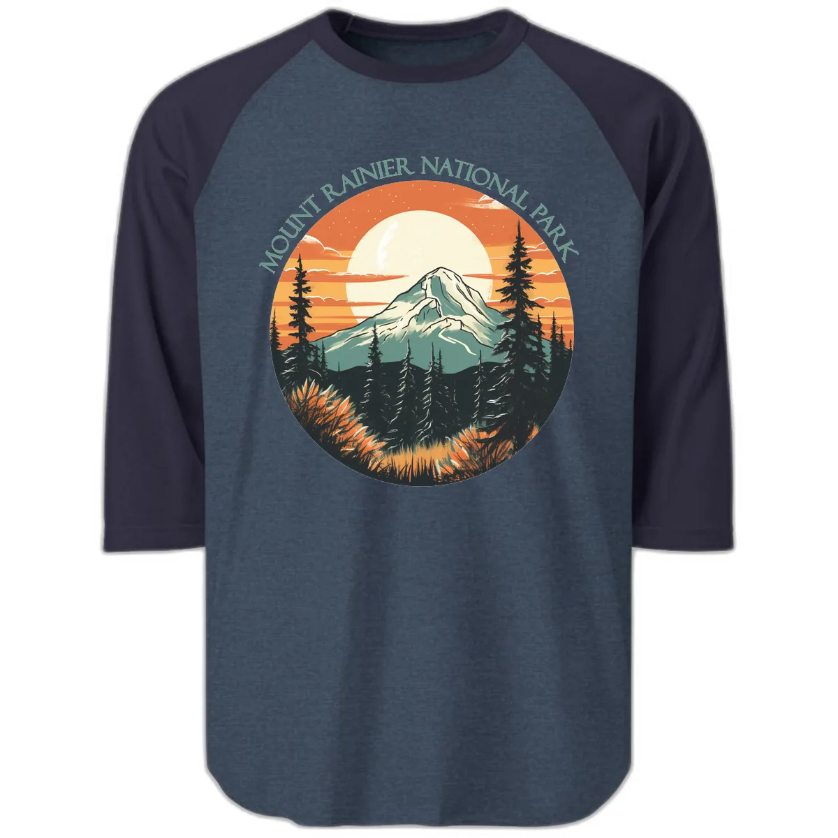 Mount Rainier National Park Sunset Raglan 3/4 in Heather Denim Navy