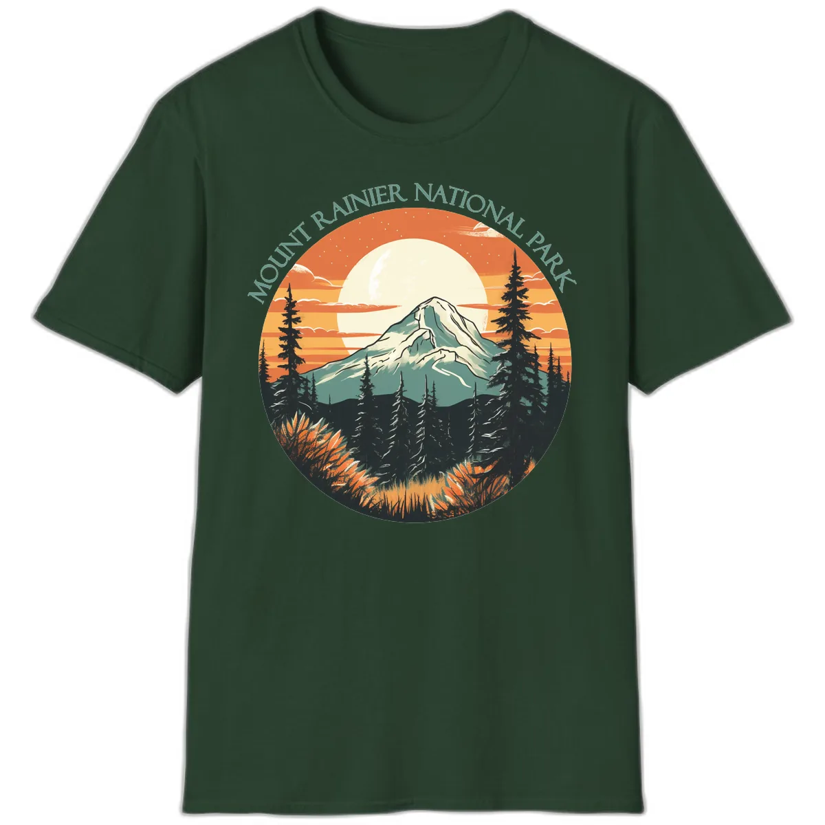 Mount Rainier National Park Sunset T-Shirt in Forest Green