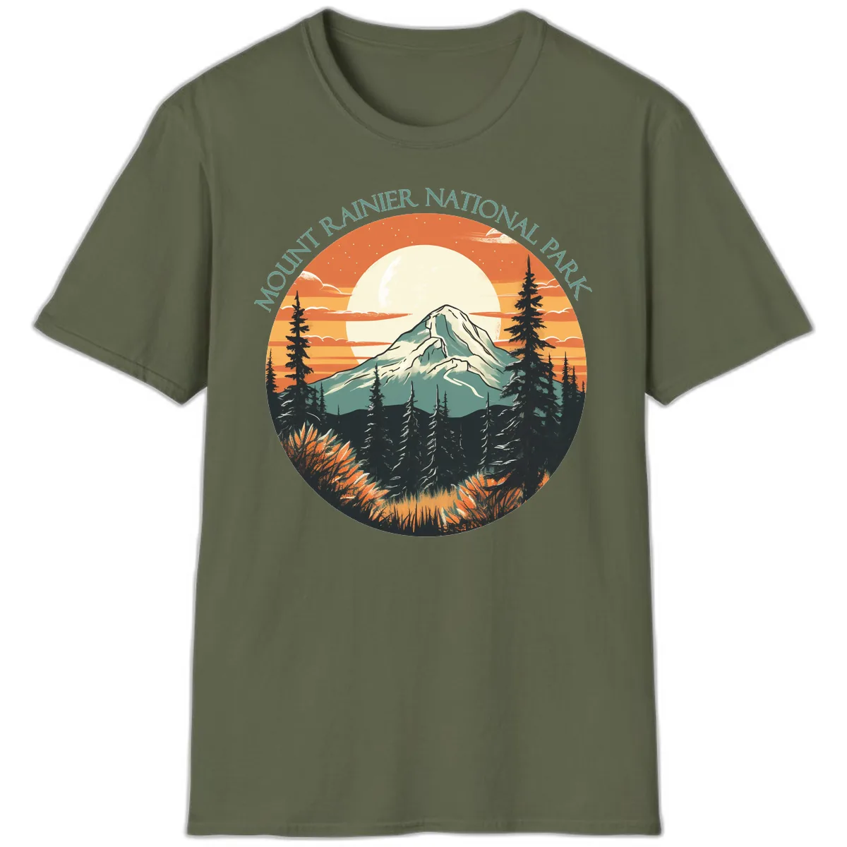 Mount Rainier National Park Sunset T-Shirt in Military Green