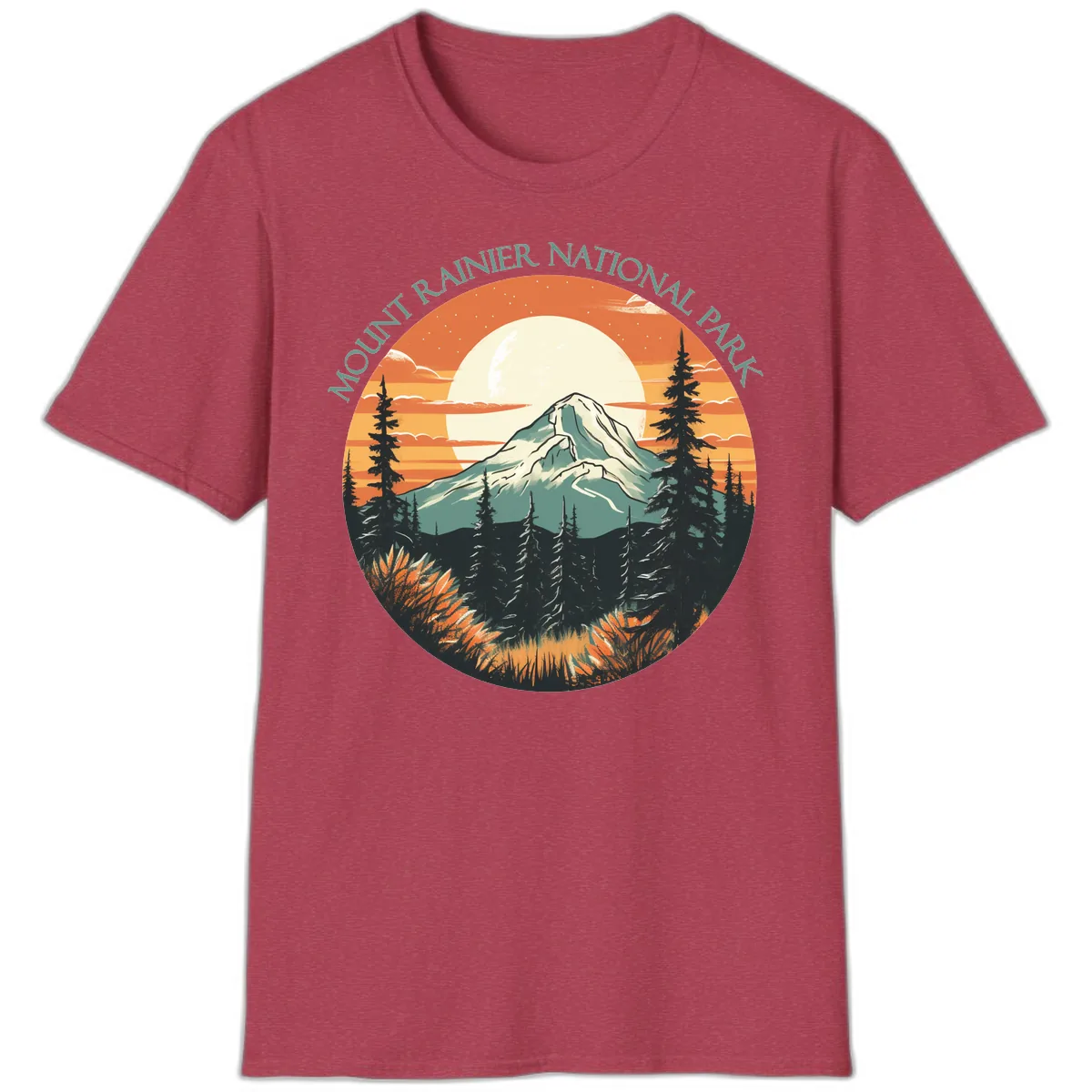 Mount Rainier National Park Sunset T-Shirt in Heather Cardinal