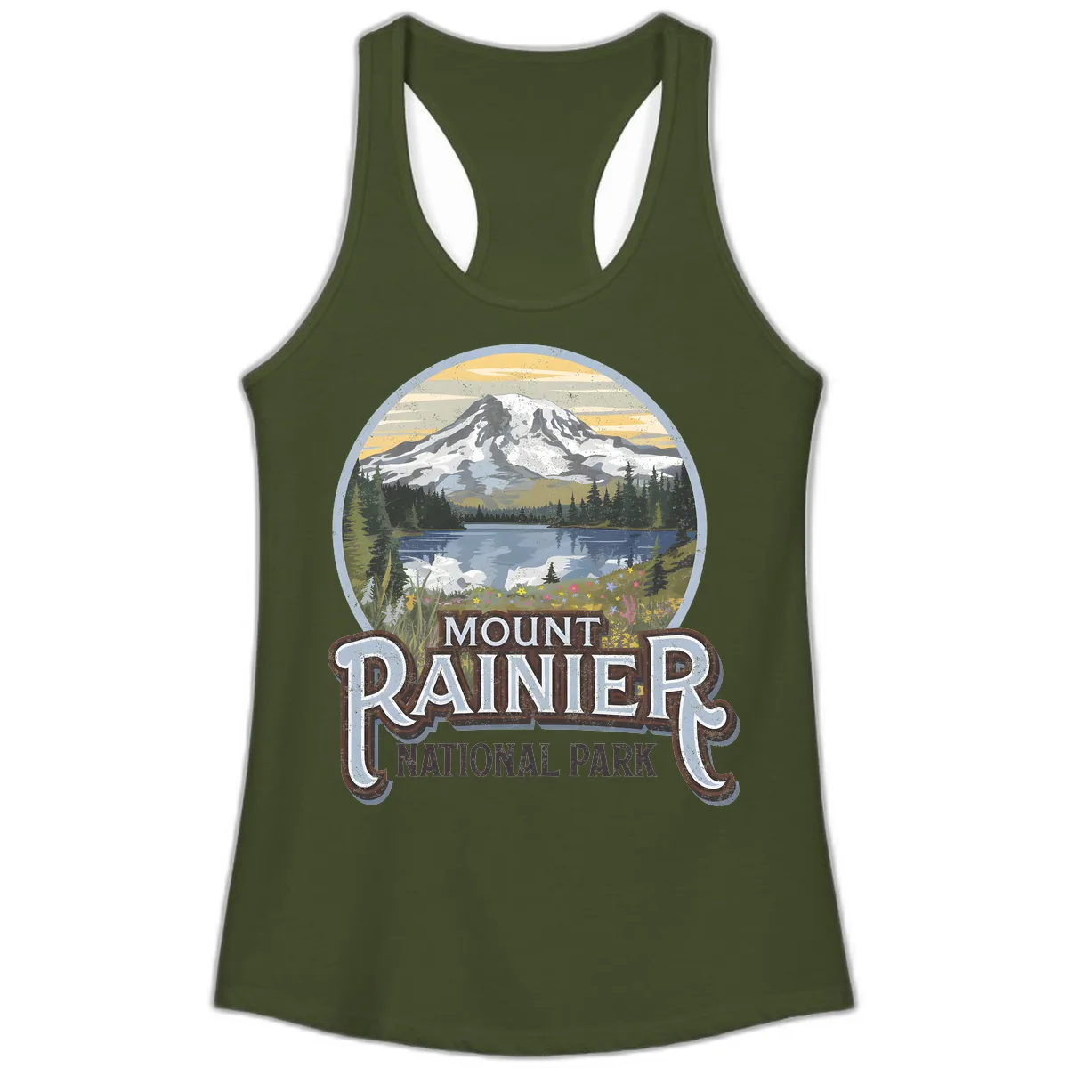 Mount Rainier National Park Ladies Tank in Solid Military Green