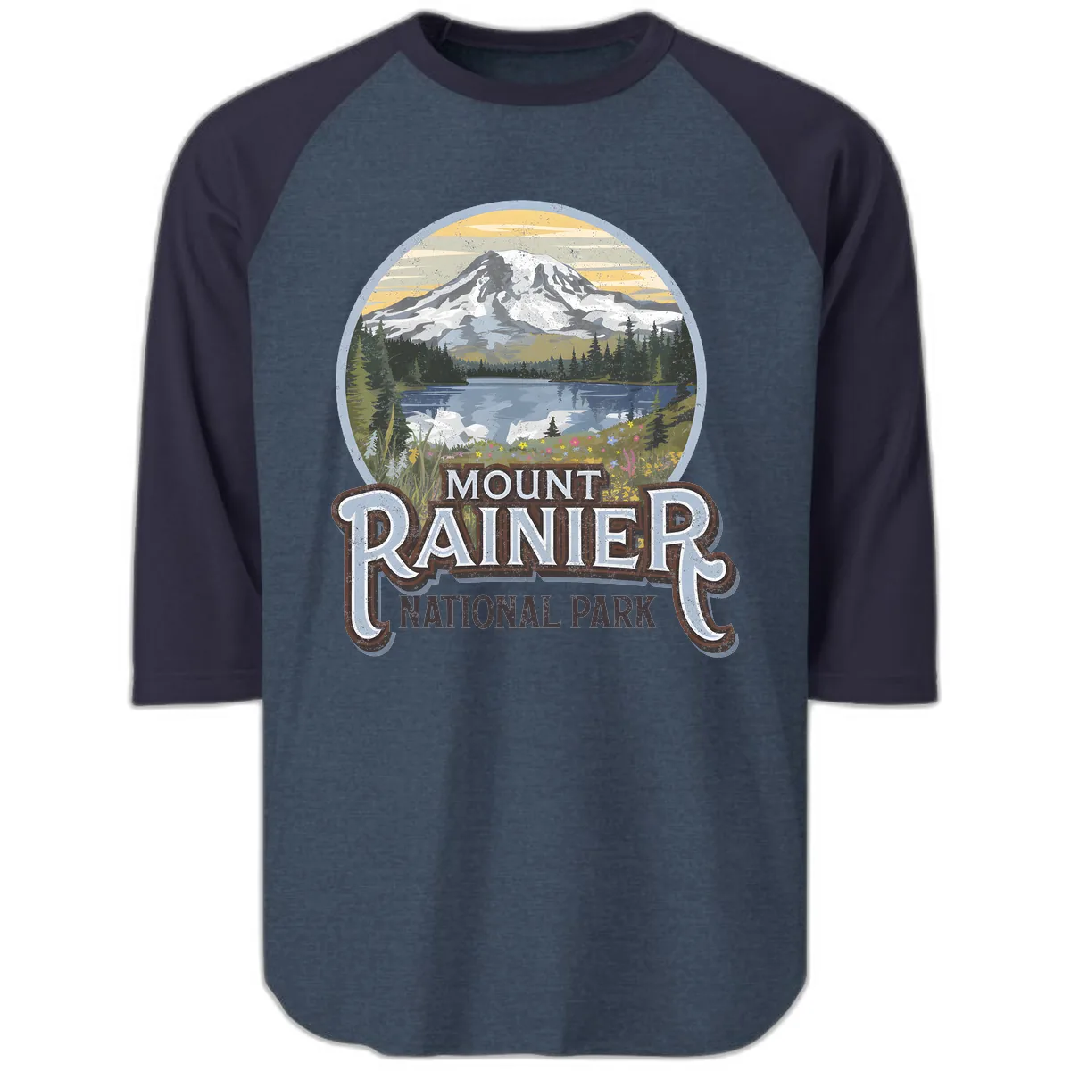 Mount Rainier National Park Raglan 3/4 in Heather Denim Navy