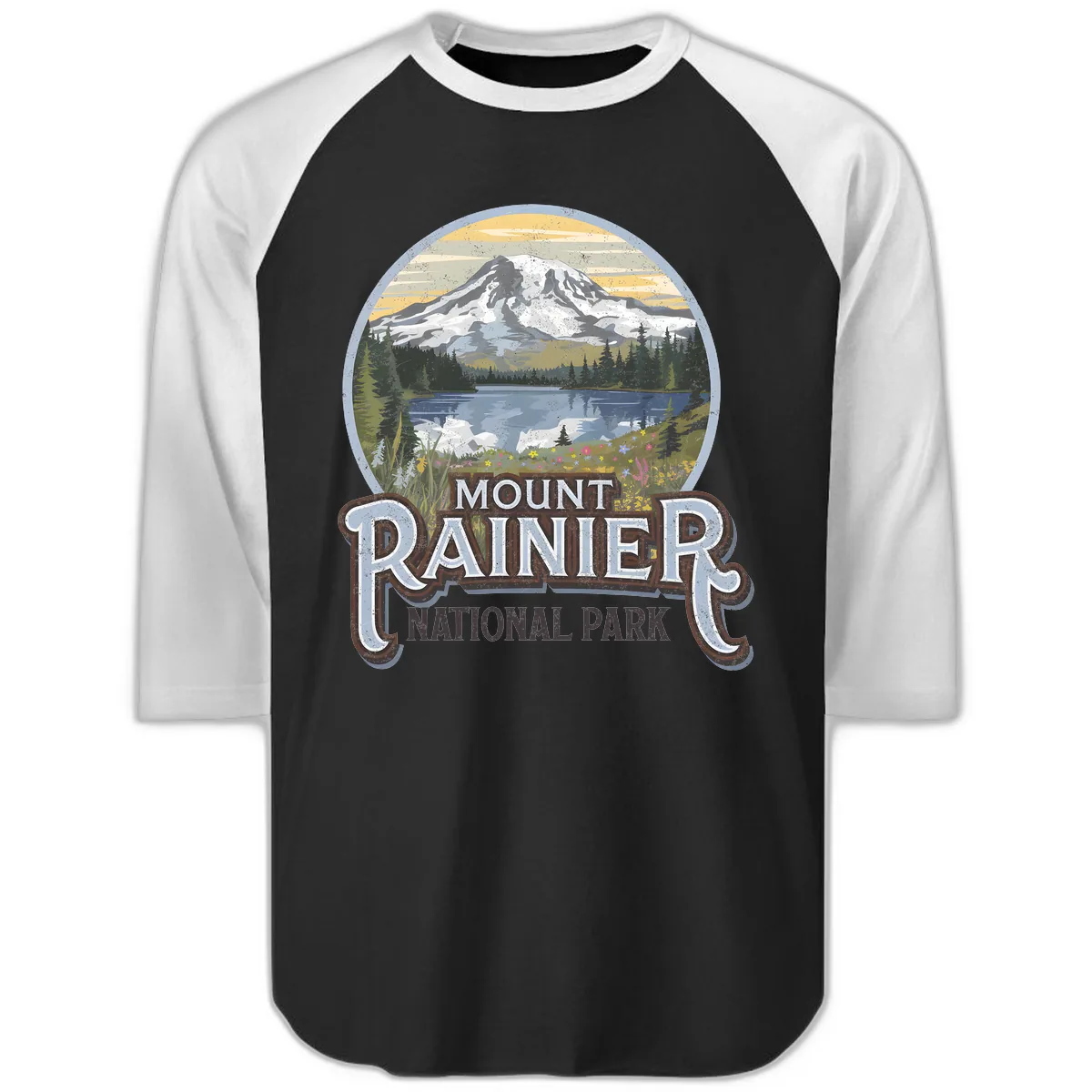 Mount Rainier National Park Raglan 3/4 in Black White