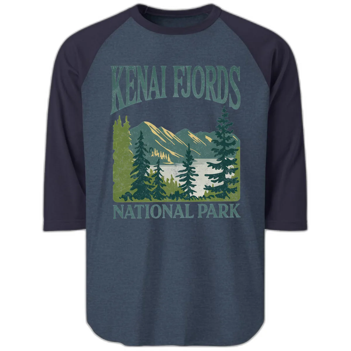 Kenai Fjords National Park Raglan 3/4 in Heather Denim Navy