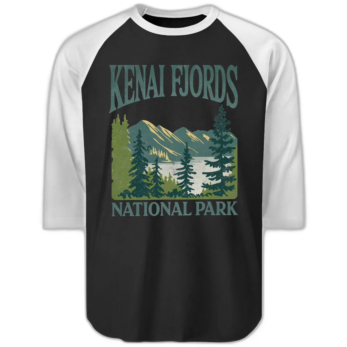 Kenai Fjords National Park Raglan 3/4 in Black White