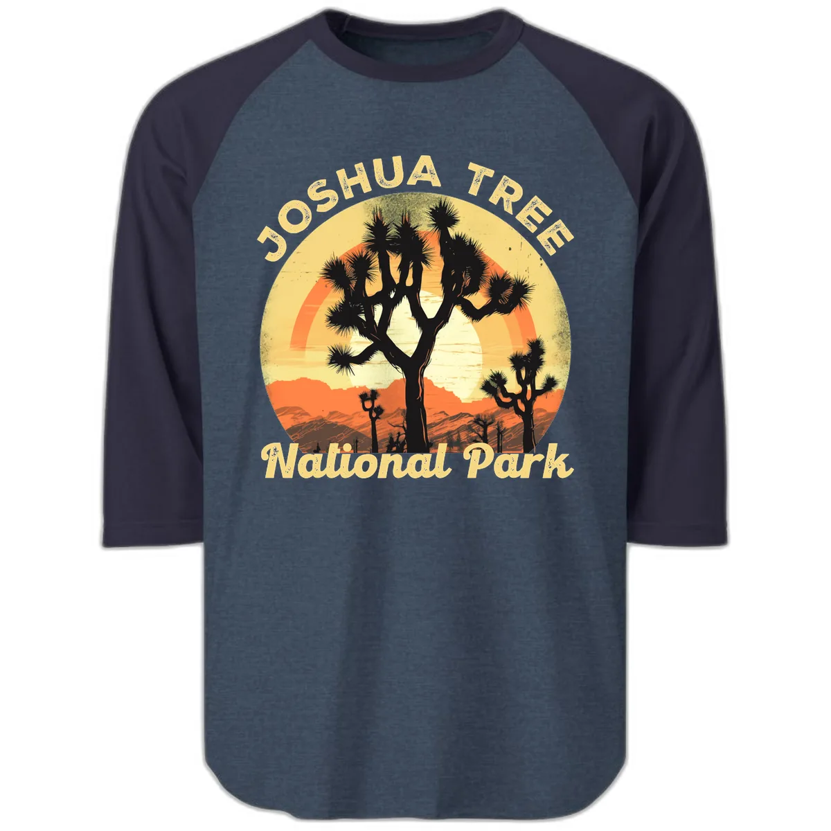 Joshua Tree National Park Desert Sunset Raglan 3/4 in Heather Denim Navy