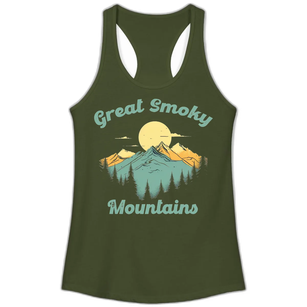 Great Smoky Mountains Sunset Ladies Tank in Solid Military Green