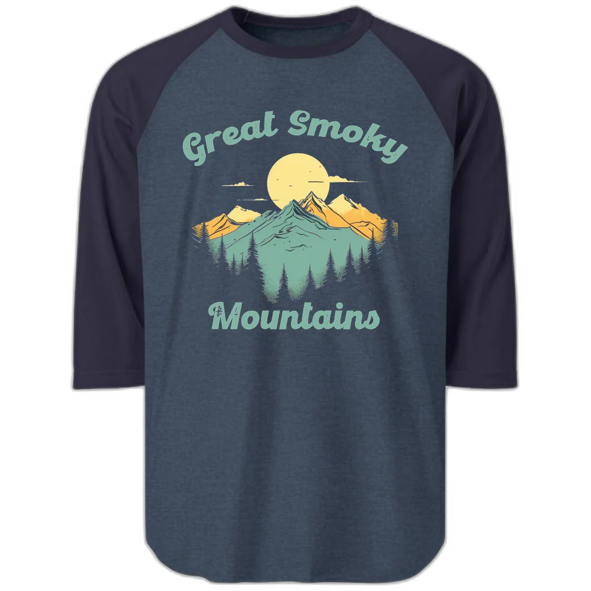 Great Smoky Mountains Sunset Raglan 3/4 in Heather Denim Navy