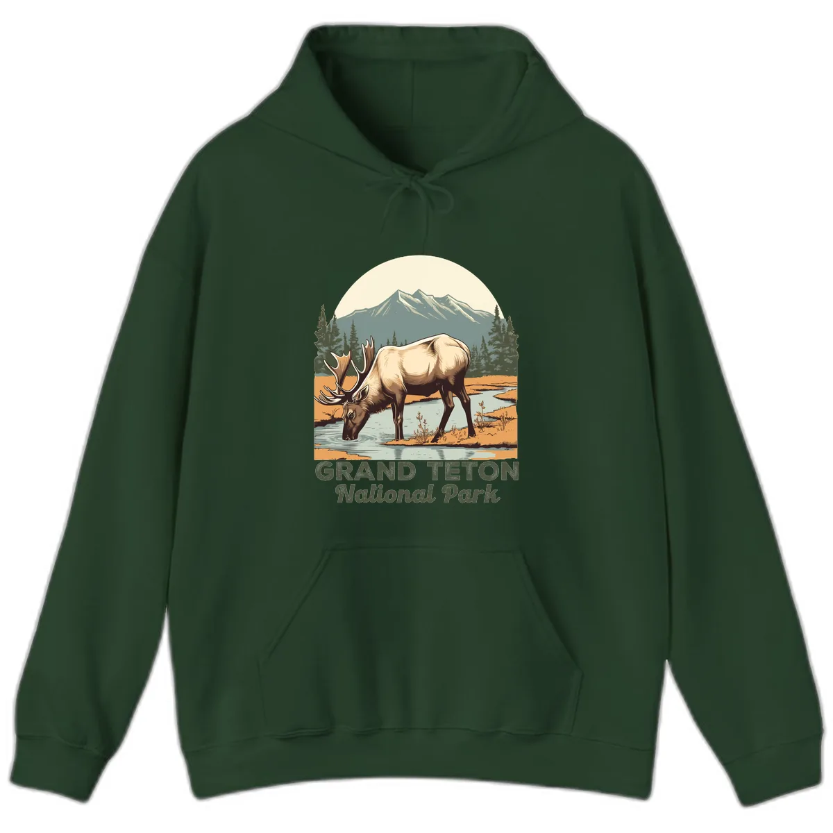Grand Teton National Park Elk Hoodie in Forest Green