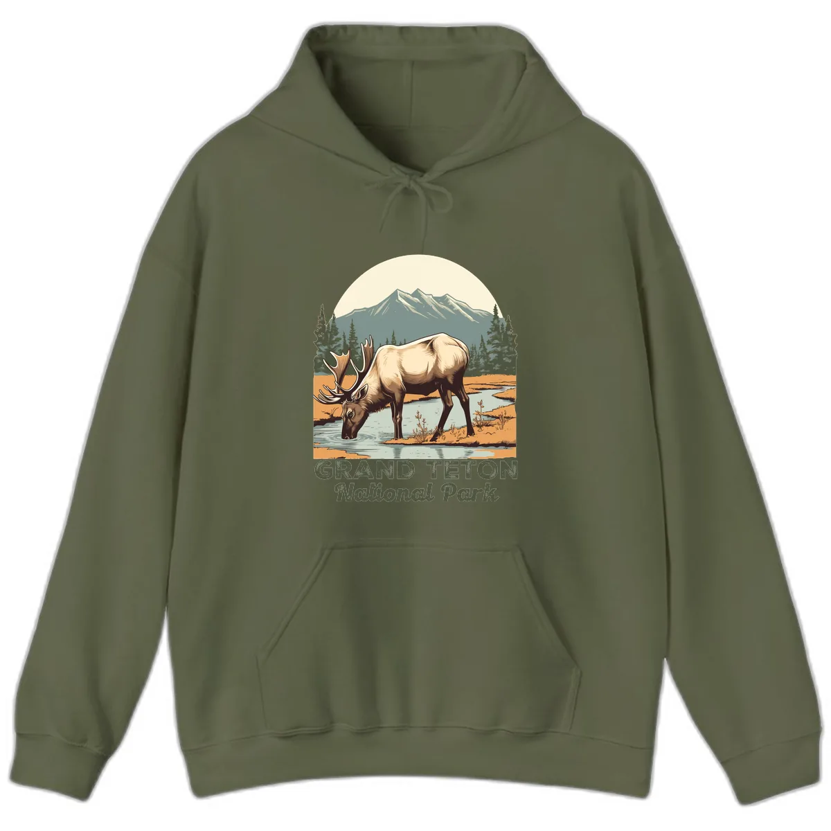 Grand Teton National Park Elk Hoodie in Military Green
