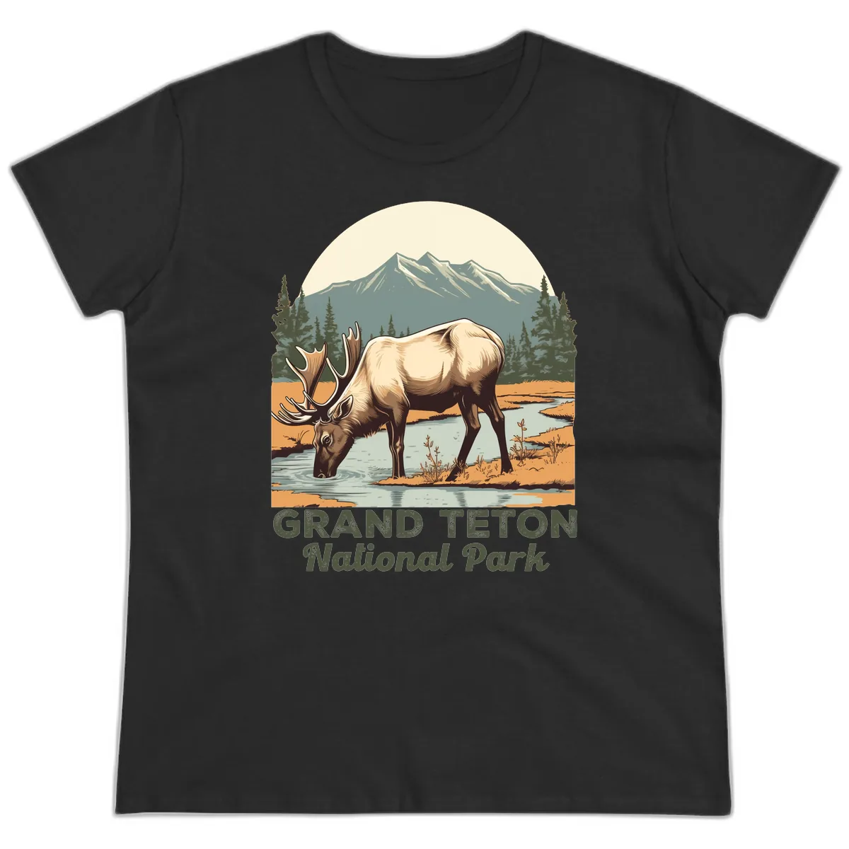Grand Teton National Park Elk Ladies Tee in Black