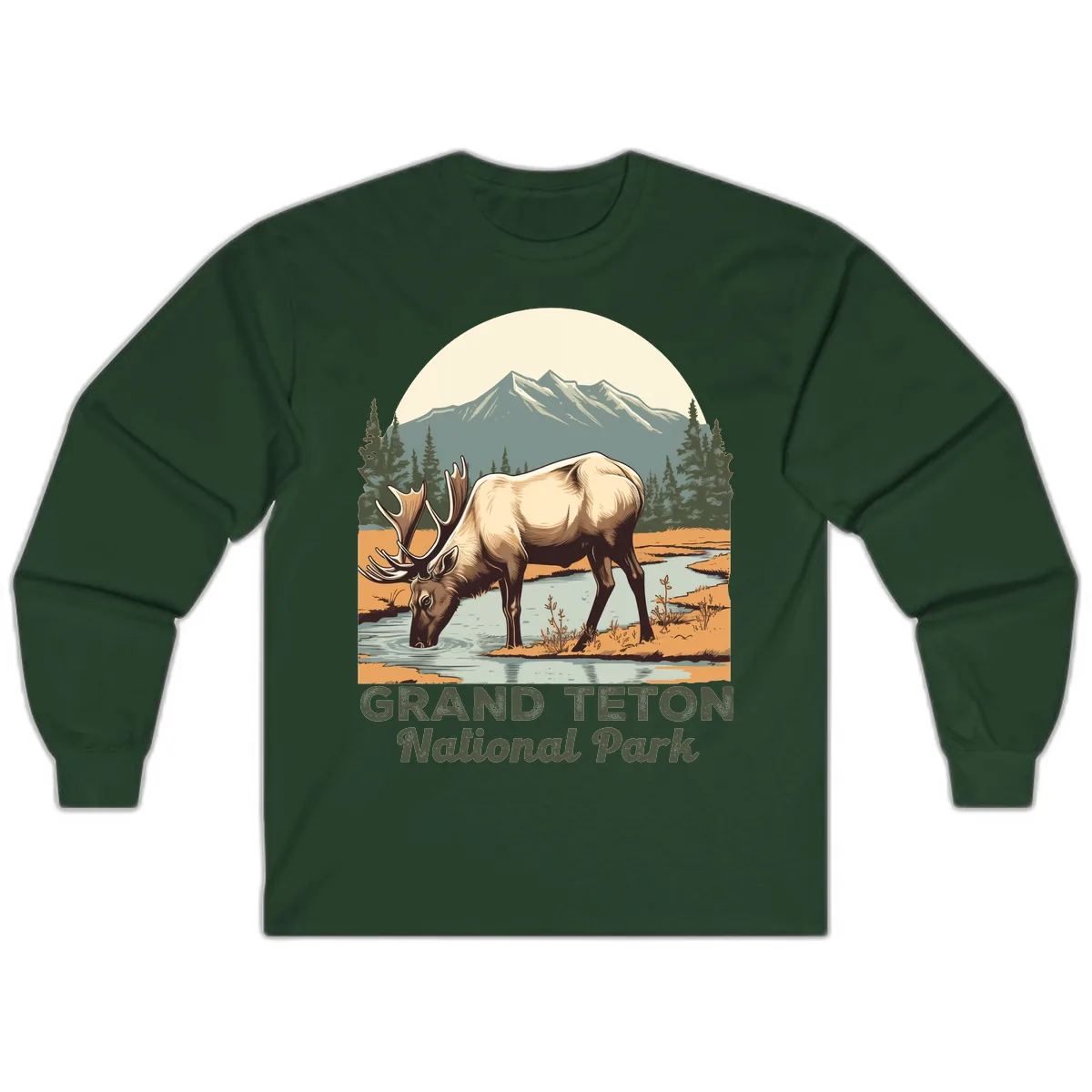 Grand Teton National Park Elk Long Sleeve in Forest Green