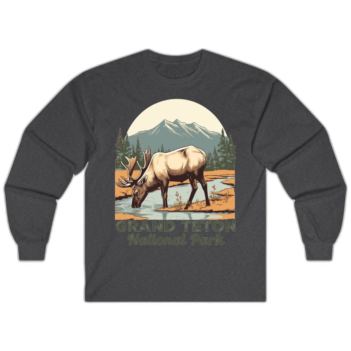 Grand Teton National Park Elk Long Sleeve in Dark Heather