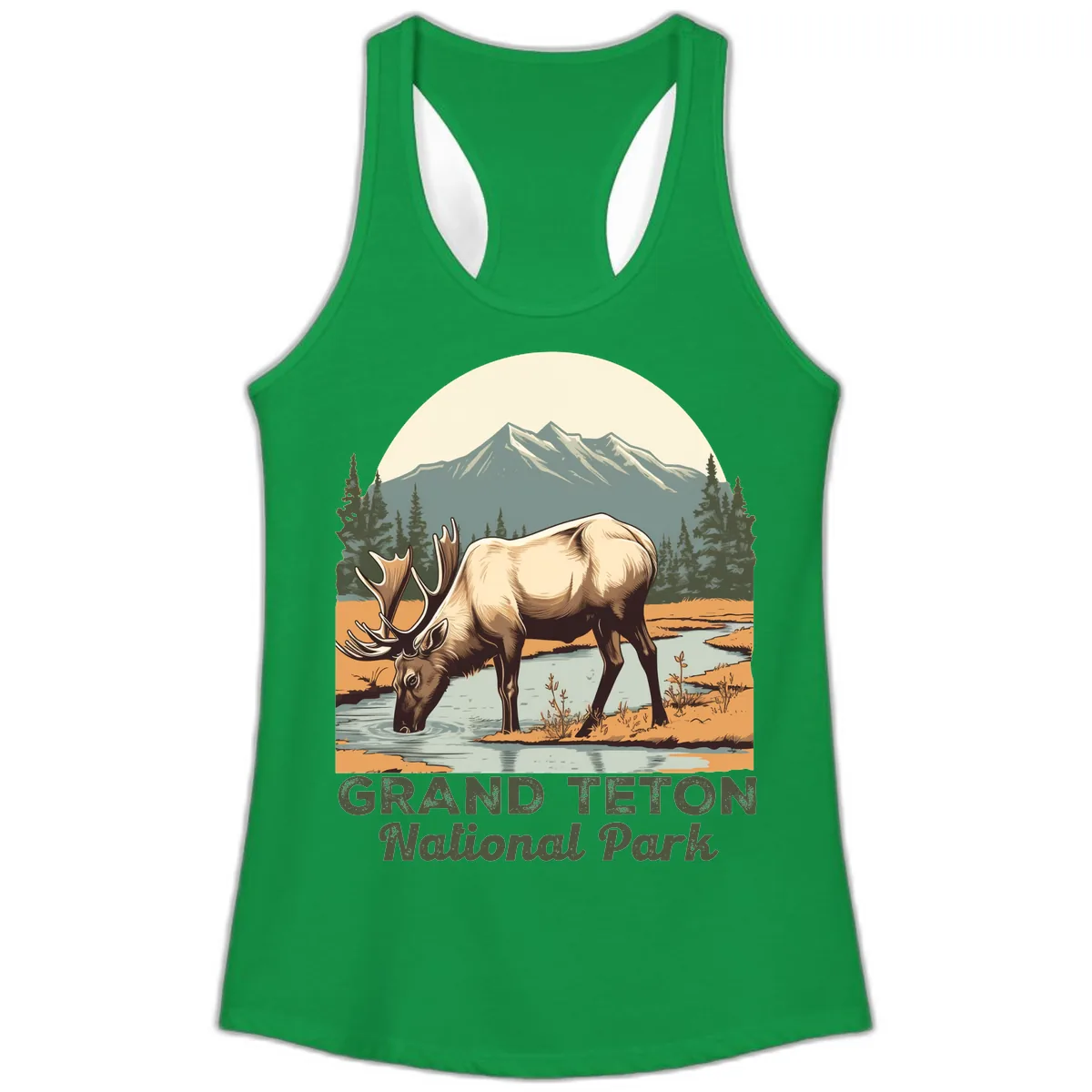 Grand Teton National Park Elk Ladies Tank in Solid Kelly Green