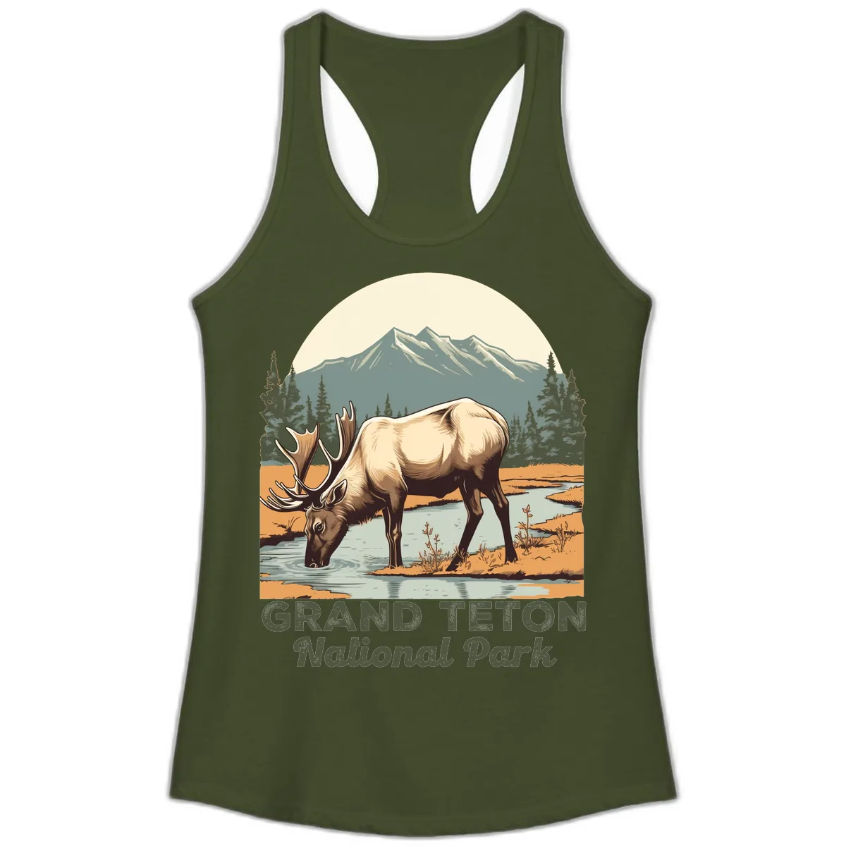 Grand Teton National Park Elk Ladies Tank in Solid Military Green