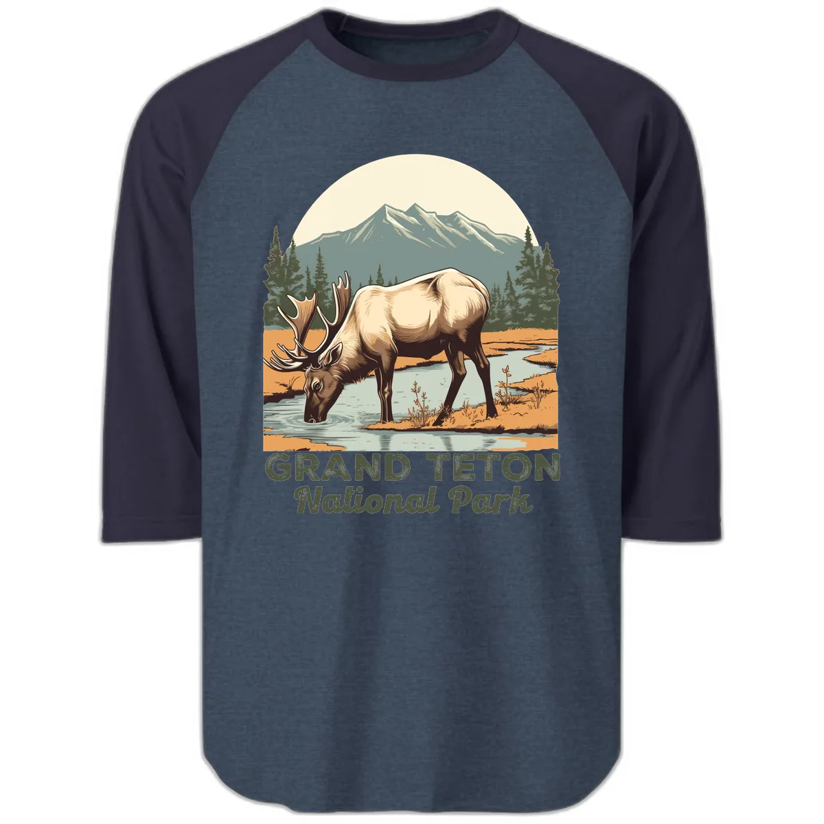 Grand Teton National Park Elk Raglan 3/4 in Heather Denim Navy
