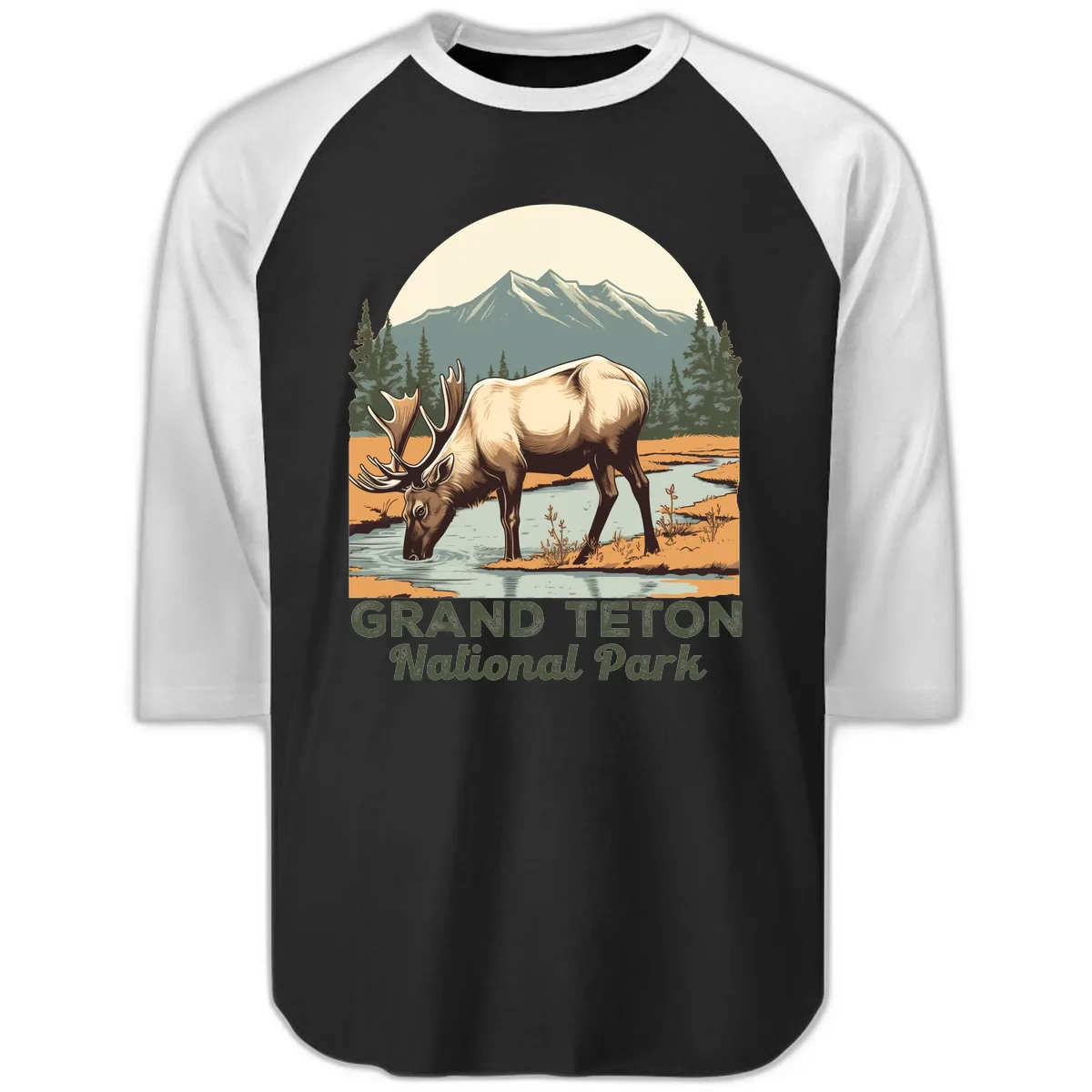 Grand Teton National Park Elk Raglan 3/4 in Black White
