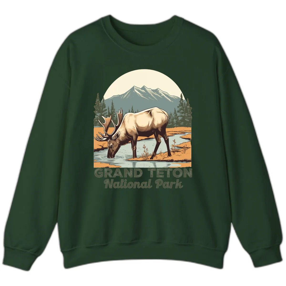 Grand Teton National Park Elk Sweatshirt in Forest Green
