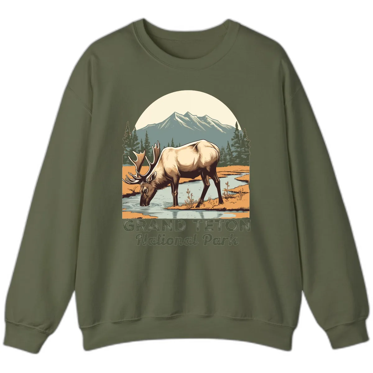 Grand Teton National Park Elk Sweatshirt in Military Green