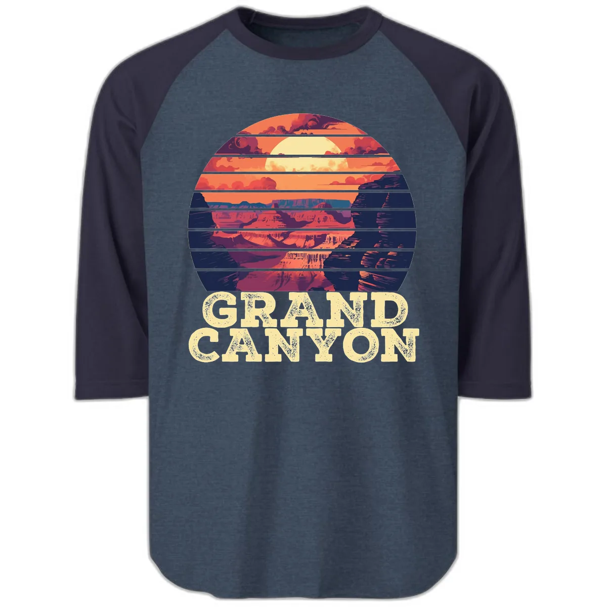 Grand Canyon Sunset Stripes Raglan 3/4 in Heather Denim Navy