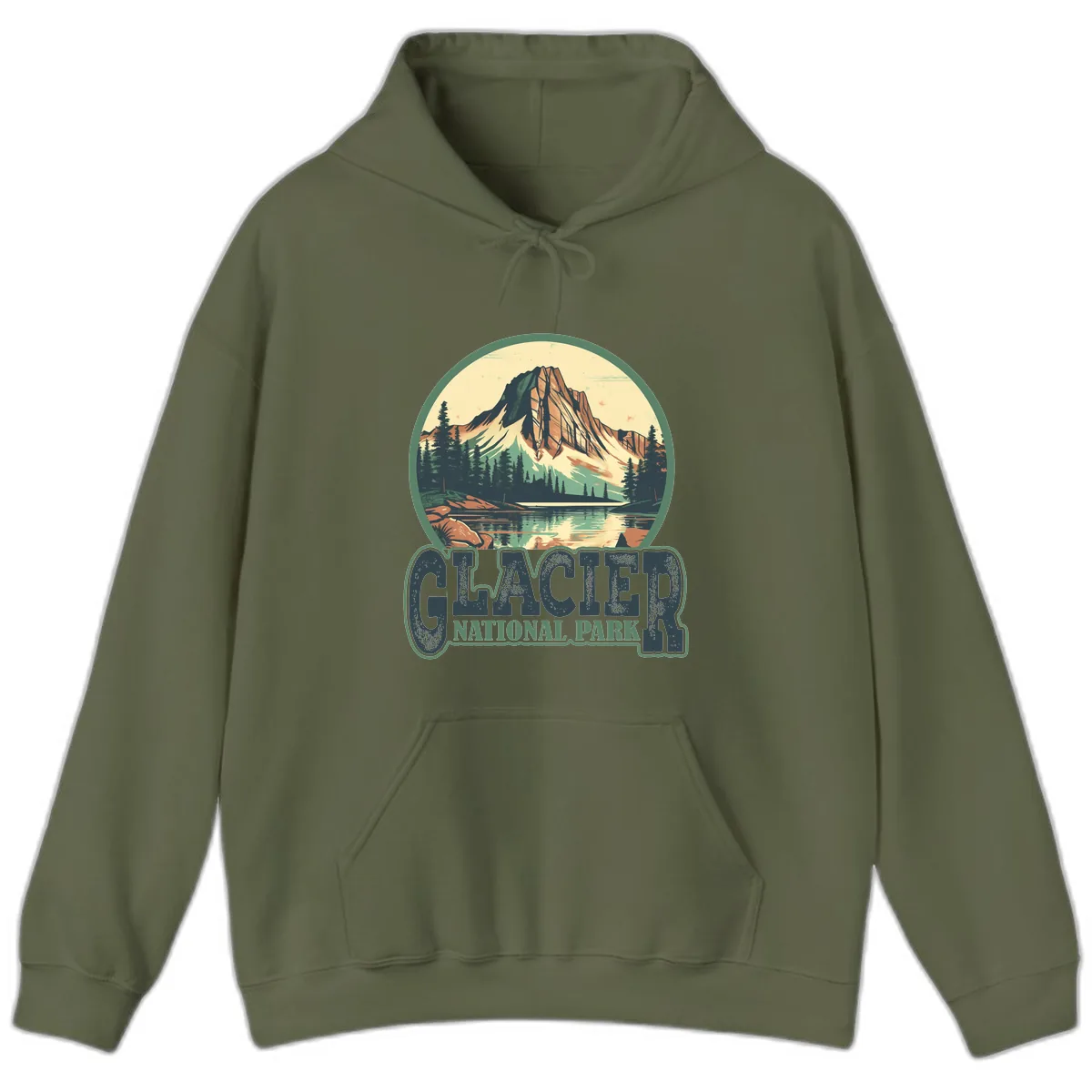 Glacier National Park Mountain Lake Hoodie in Military Green