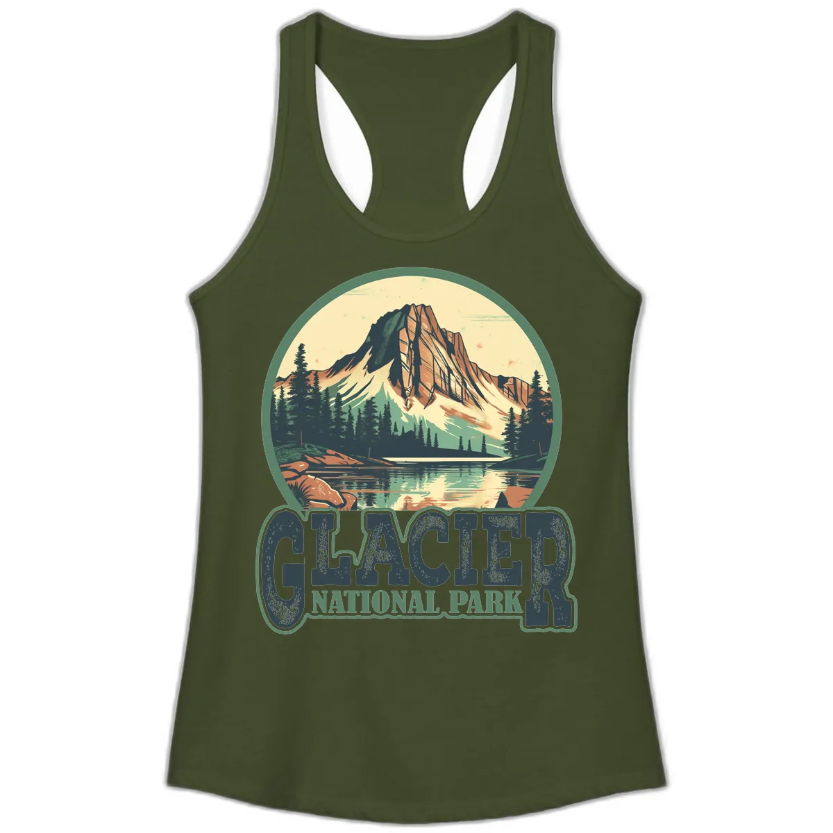 Glacier National Park Mountain Lake Ladies Tank in Solid Military Green