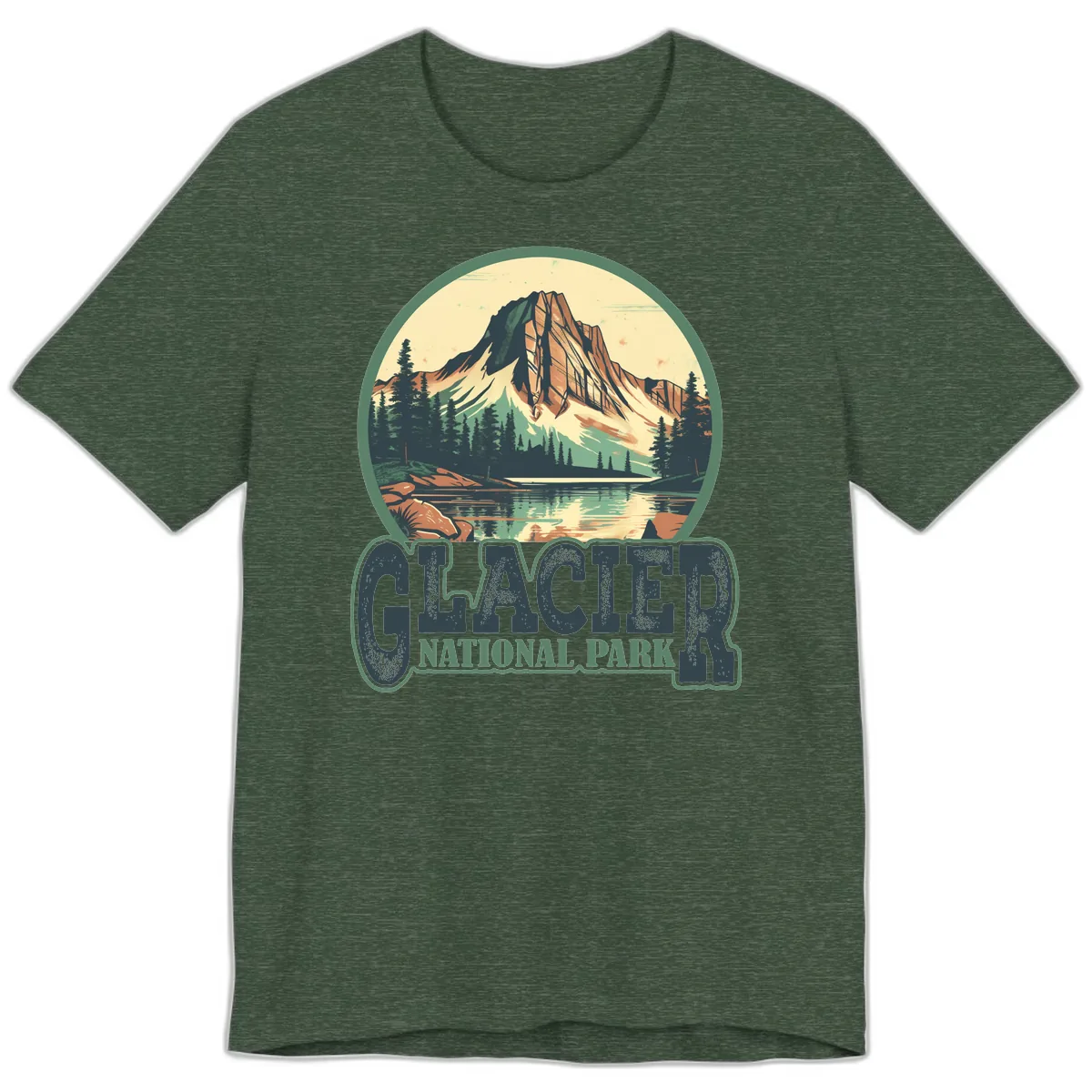 Glacier National Park Mountain Lake Premium T-Shirt in Heather Forest