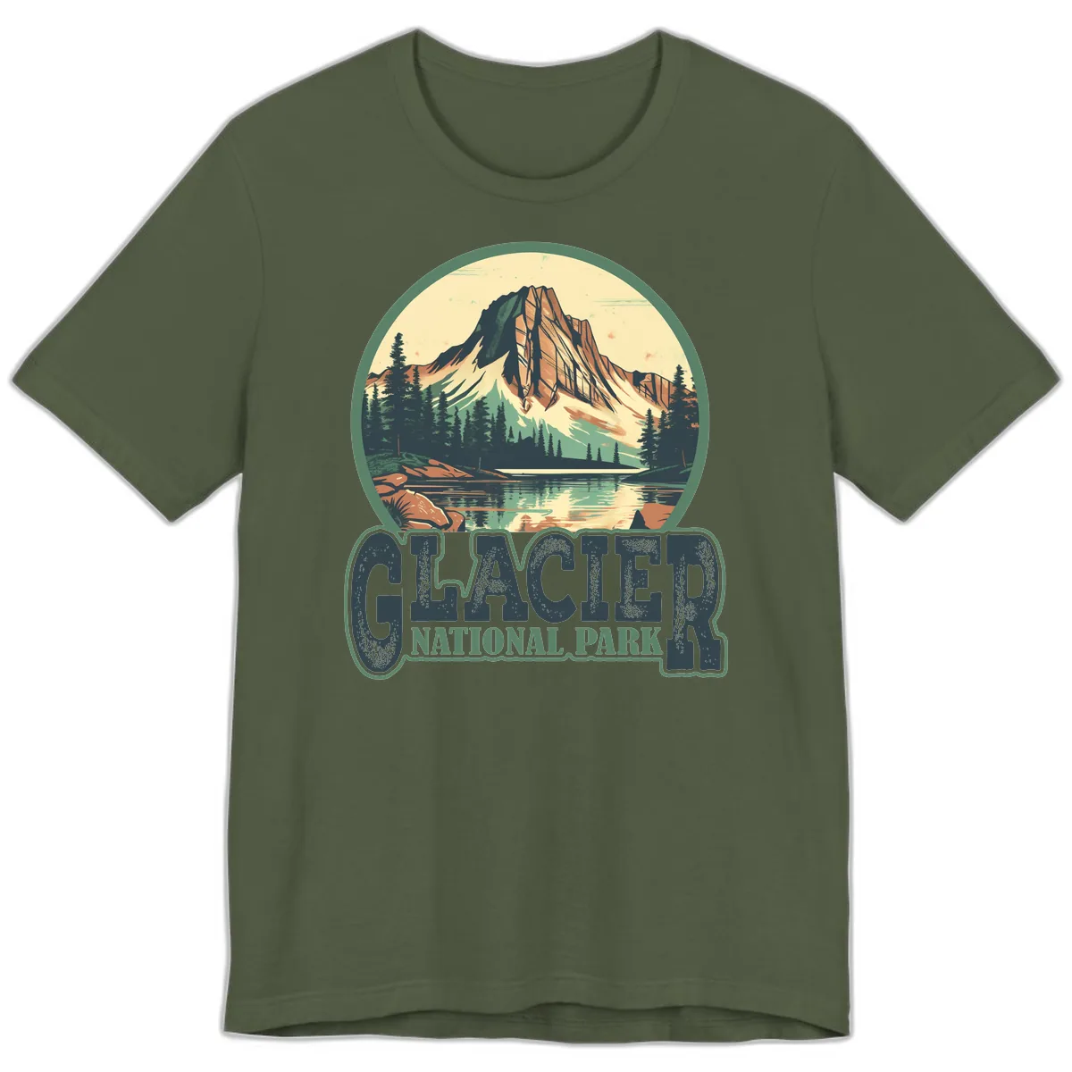 Glacier National Park Mountain Lake Premium T-Shirt in Military Green
