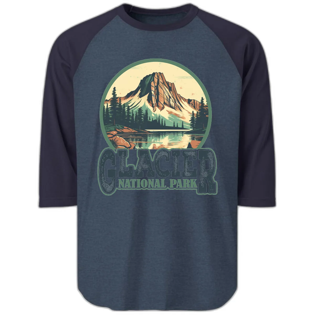 Glacier National Park Mountain Lake Raglan 3/4 in Heather Denim Navy