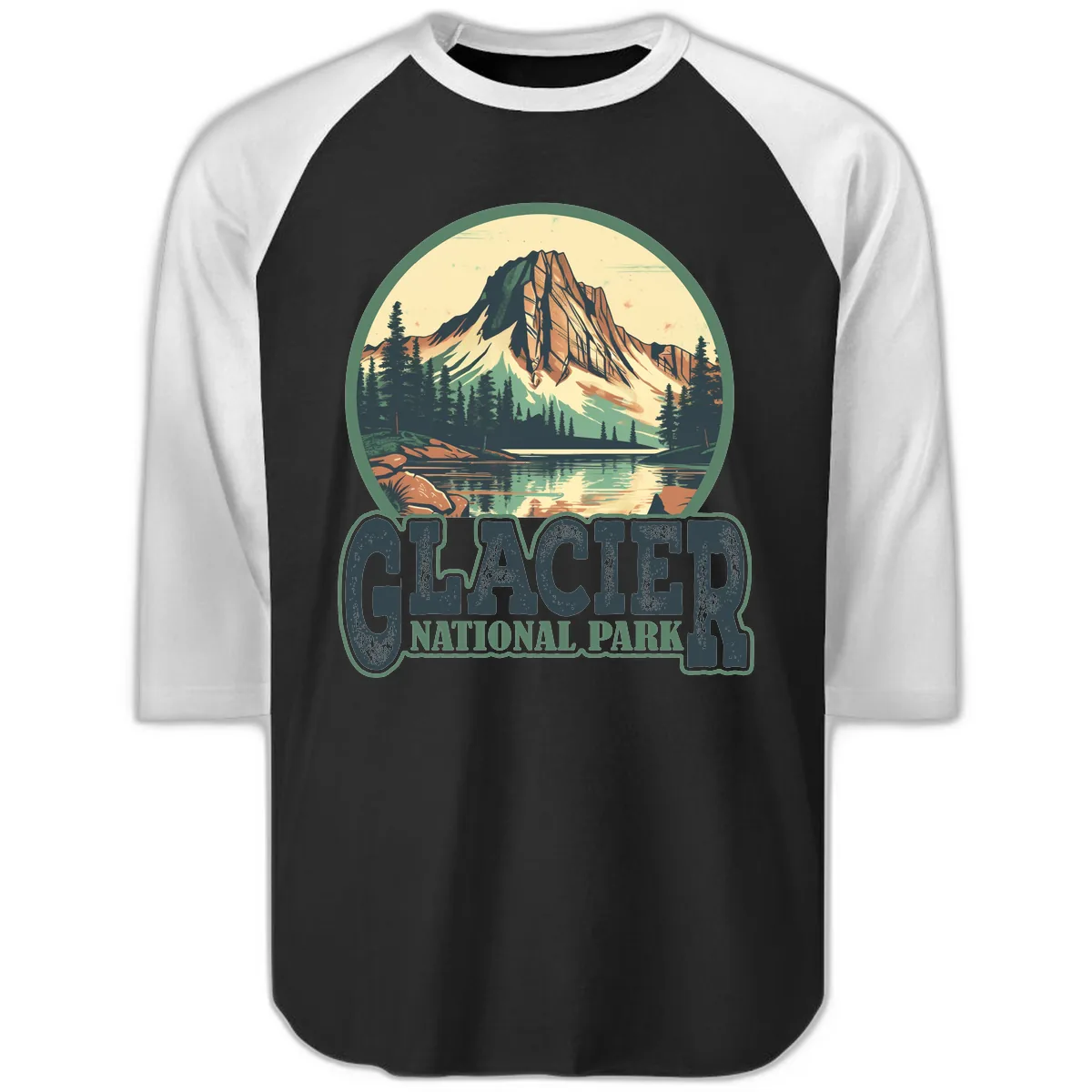 Glacier National Park Mountain Lake Raglan 3/4 in Black White