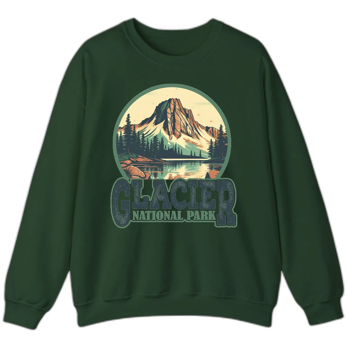 Glacier National Park Mountain Lake Sweatshirt in Forest Green