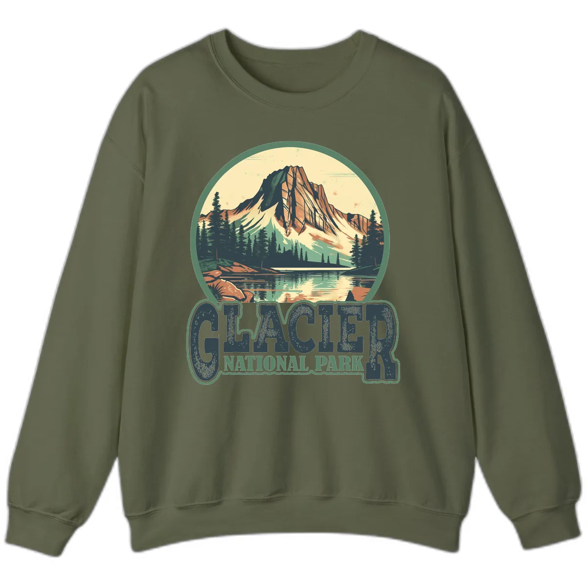 Glacier National Park Mountain Lake Sweatshirt in Military Green