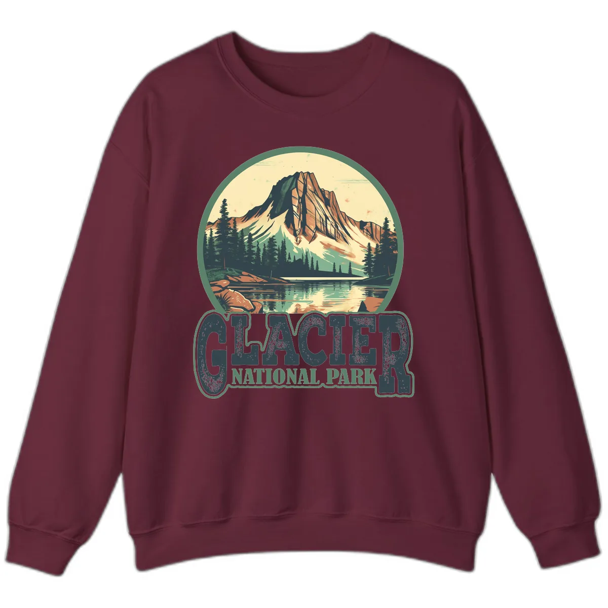 Glacier National Park Mountain Lake Sweatshirt in Maroon