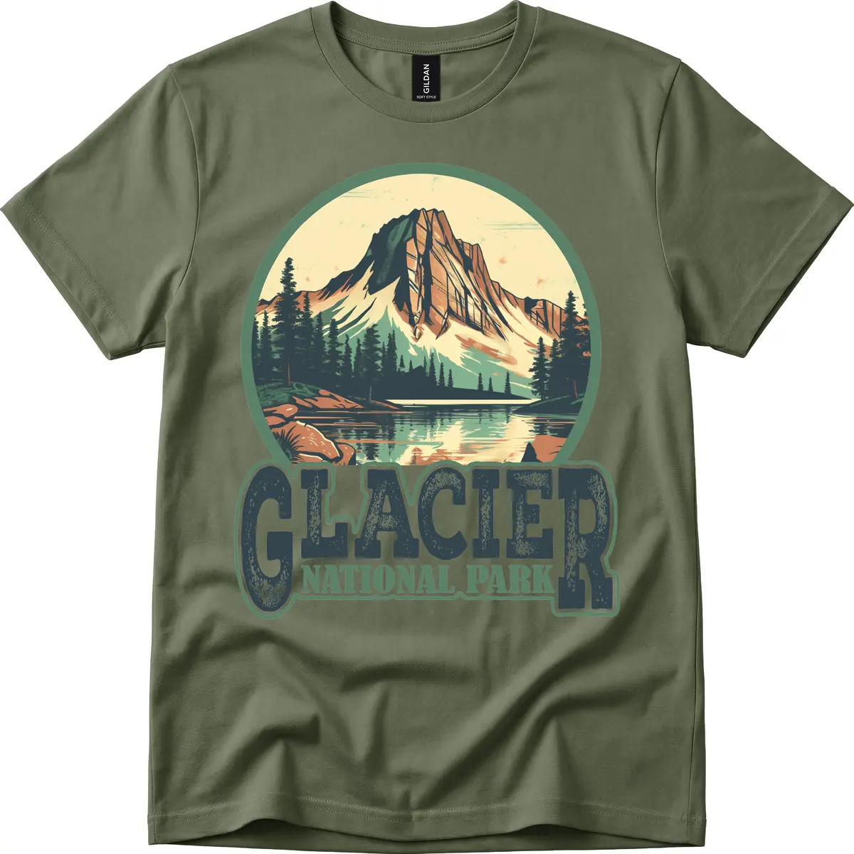 Glacier National Park Mountain Lake T-Shirt in Military Green