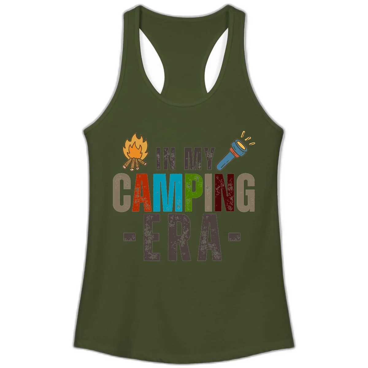 In My Camping Era Ladies Tank in Solid Military Green
