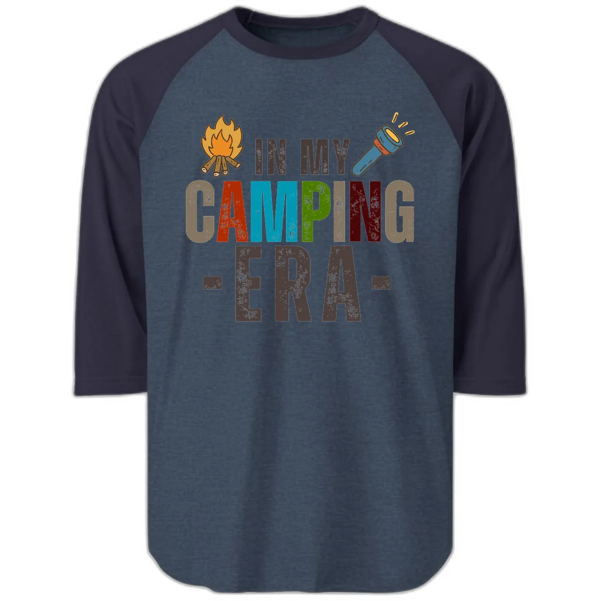 In My Camping Era Raglan 3/4 in Heather Denim Navy