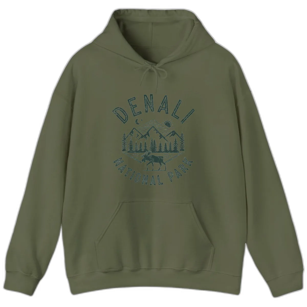 Denial National Park Moose Adventure Hoodie in Military Green