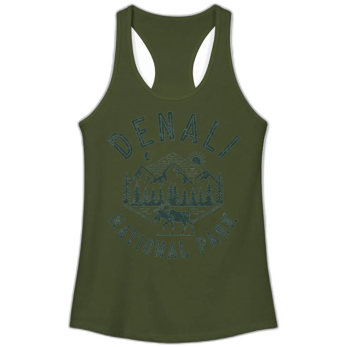 Denial National Park Moose Adventure Ladies Tank in Solid Military Green