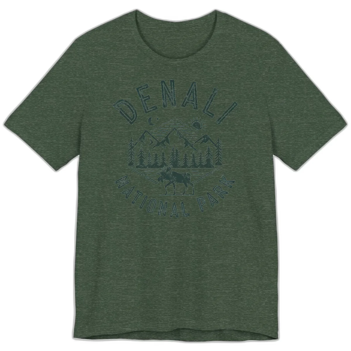 Denial National Park Moose Adventure Premium T-Shirt in Heather Forest