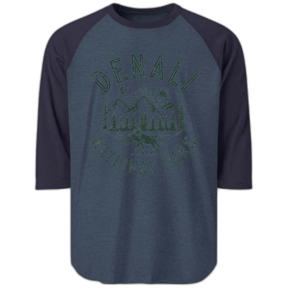 Denial National Park Moose Adventure Raglan 3/4 in Heather Denim Navy