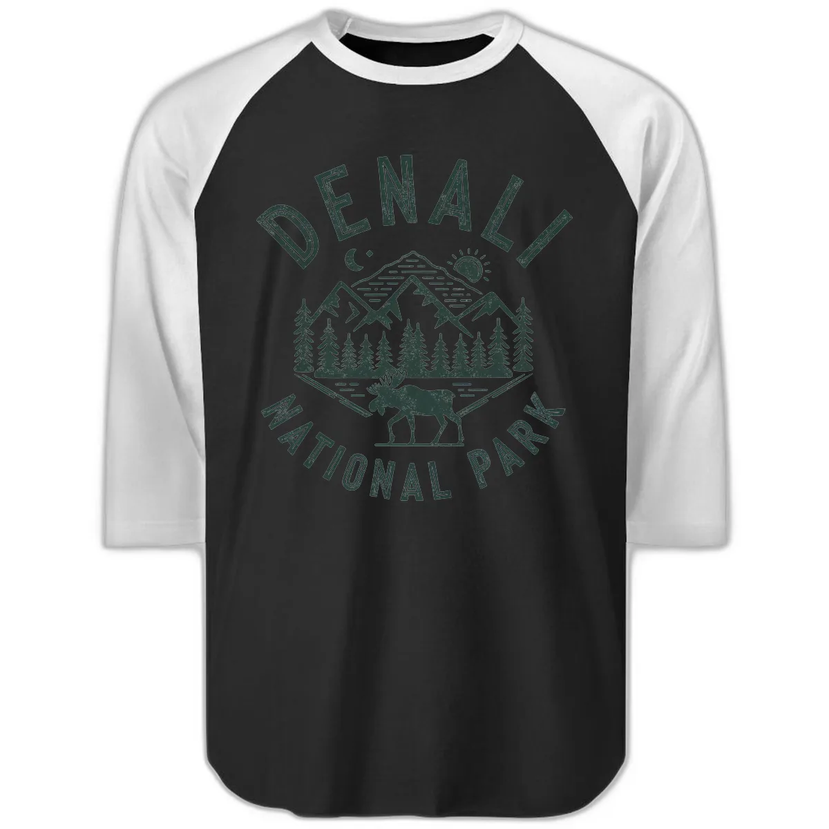 Denial National Park Moose Adventure Raglan 3/4 in Black White