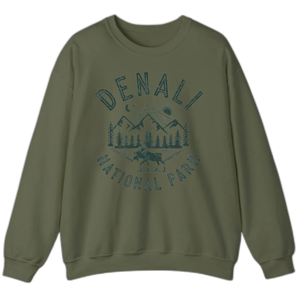 Denial National Park Moose Adventure Sweatshirt in Military Green