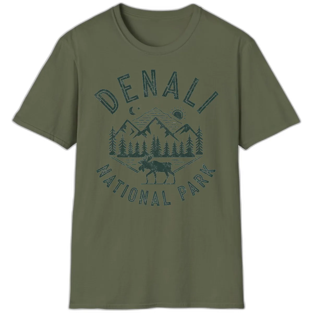 Denial National Park Moose Adventure T-Shirt in Military Green