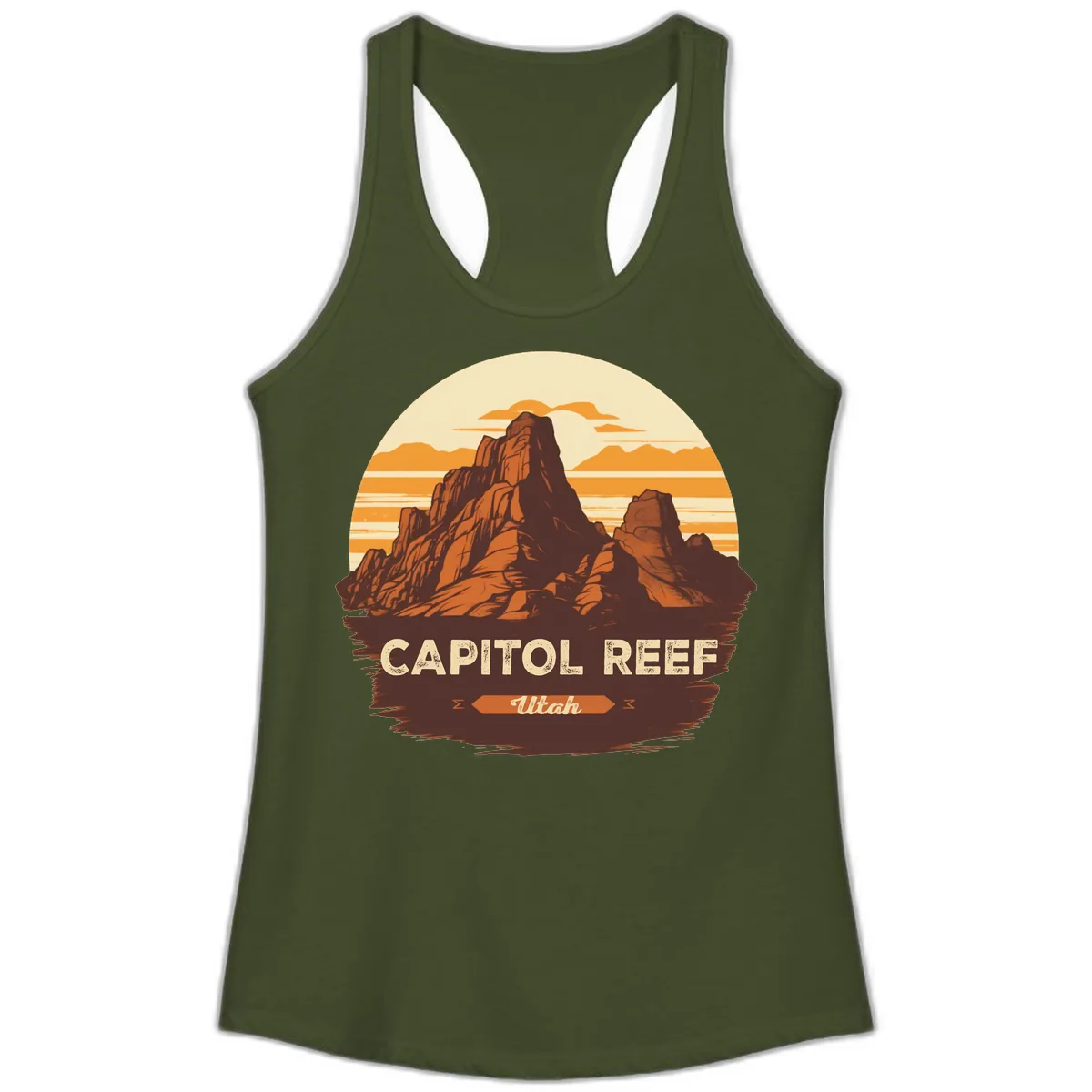 Capitol Reef Utah Desert Rock Formation Ladies Tank in Solid Military Green