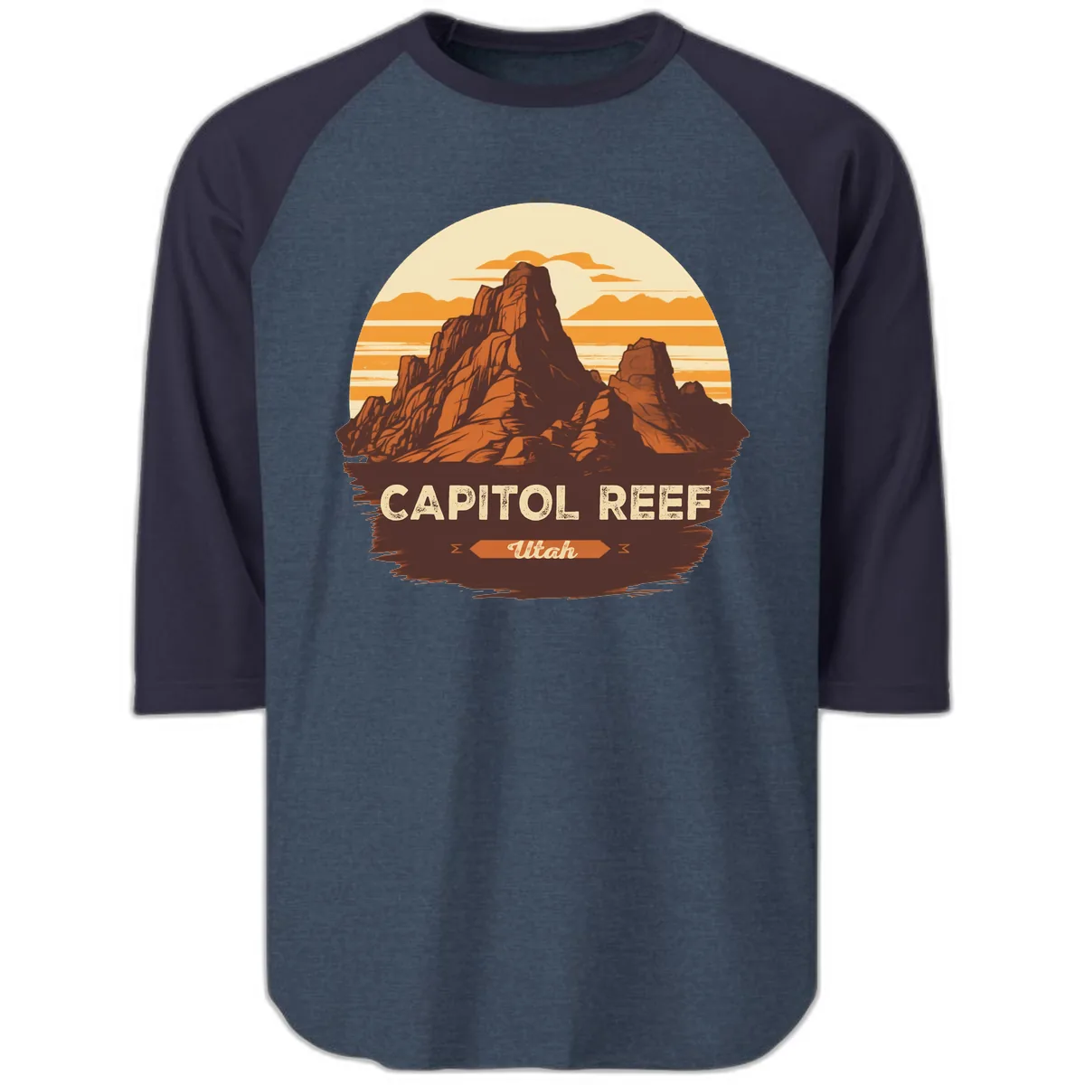 Capitol Reef Utah Desert Rock Formation Raglan 3/4 in Heather Denim Navy