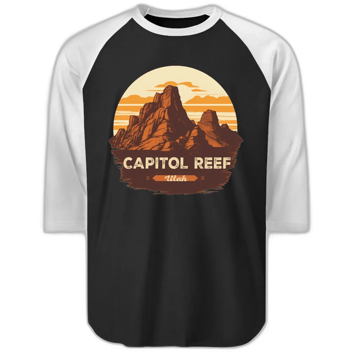 Capitol Reef Utah Desert Rock Formation Raglan 3/4 in Black White