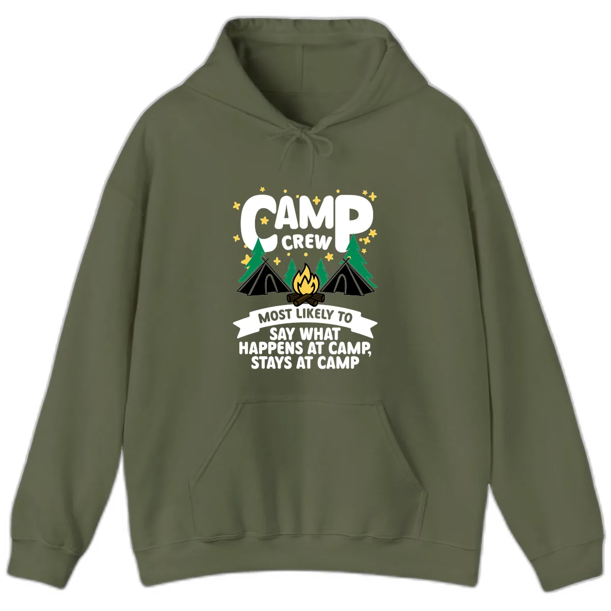 Camp Crew What Happens At Camp Hoodie in Military Green