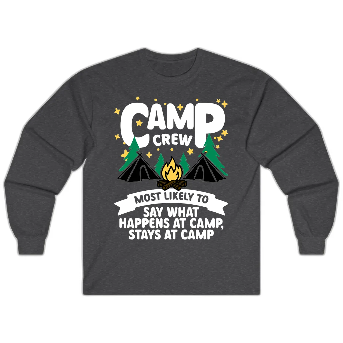 Camp Crew What Happens At Camp Long Sleeve in Dark Heather